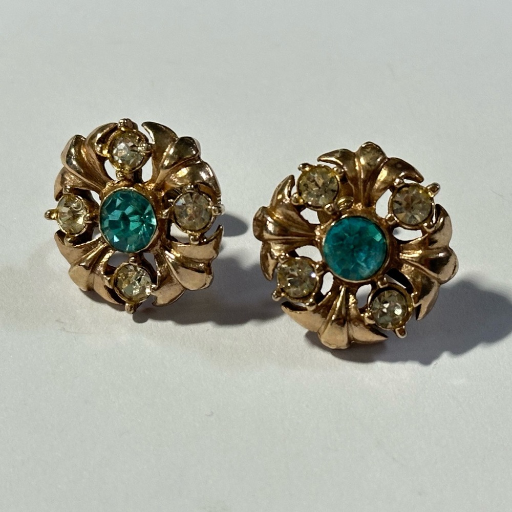 Vintage Blue Rhinestone Clip On Twist Earrings 50s 60s Bridal Pin Up Grandmacore